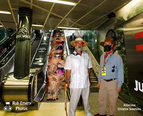 T-Rex's using the escalator at Jurassic World with John Hammond and Alan Grant